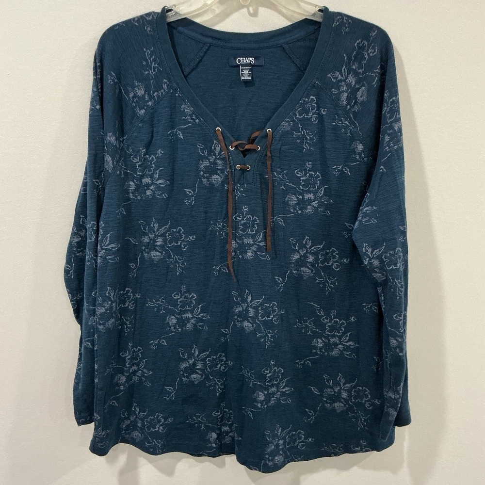 Chaps Women's Floral Henley Blouse Blue With Laced Up Rope Tie Detail 2X Casual
